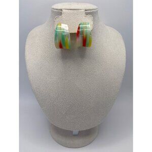 Vintage Abstract Lucite Acrylic Hoop Pierced Earrings White Green Yellow Orange